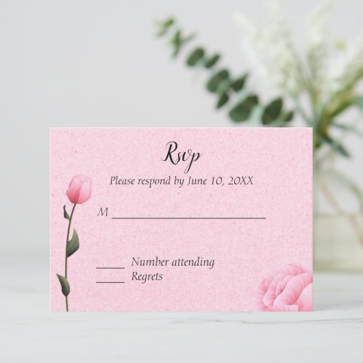 ピンクの春のバラの花の結婚式招待状 RSVP (スタンド正面)