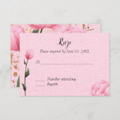 ピンクの春のバラの花の結婚式招待状 RSVP (正面/裏面)
