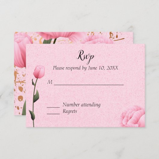 ピンクの春のバラの花の結婚式招待状 RSVP (正面/裏面)