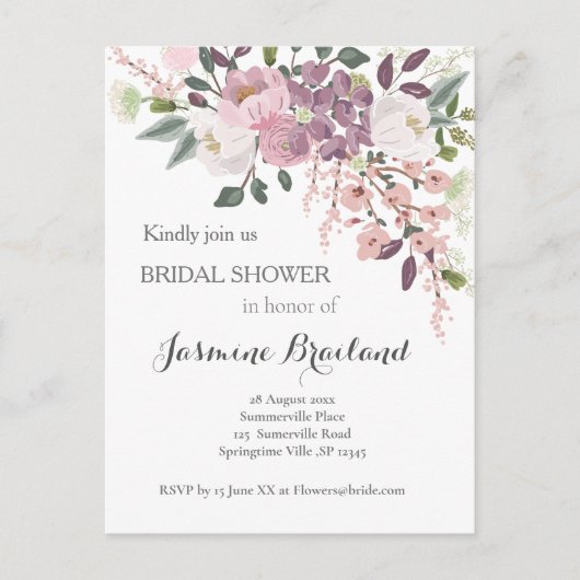 ピンクの春のブライダルシャワーの招待状 インビテーションポストカード (正面)