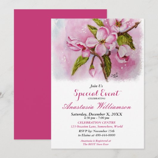 ピンクの春の祭りパーティーイベント招待 招待状 (正面/裏面)