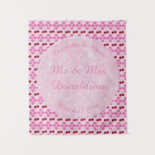 ピンクの春の結婚式 桜とチェリー タペストリー (正面)