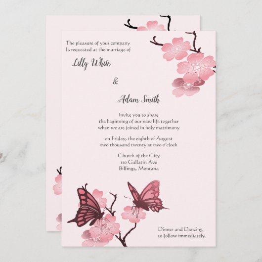 ピンクの春の花と蝶 (正面/裏面)