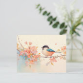 ピンクの春の花咲く枝にとまるシジュウカラ ポストカード (スタンド正面)