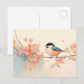 ピンクの春の花咲く枝にとまるシジュウカラ ポストカード (正面/裏面)