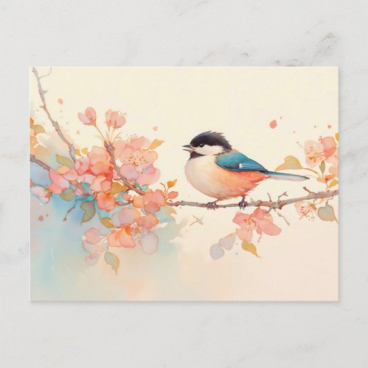 ピンクの春の花咲く枝にとまるシジュウカラ ポストカード (正面)