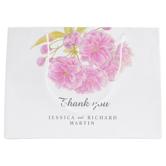 ピンクの春の花結婚のアー感謝していトユー ラージペーパーバッグ (正面)