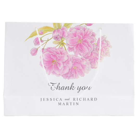ピンクの春の花結婚のアー感謝していトユー ラージペーパーバッグ (裏面)