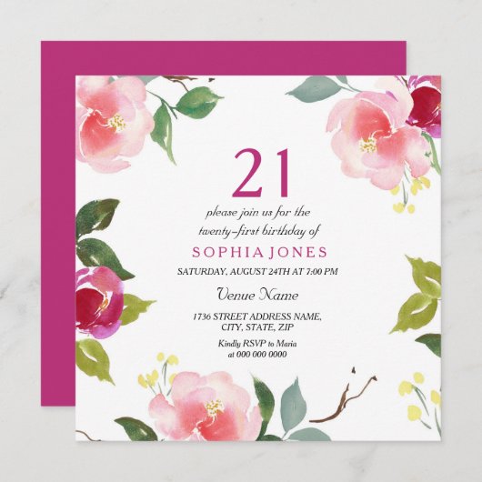 ピンクの春の花 21歳の誕生日パーティー招待状 招待状 (正面/裏面)