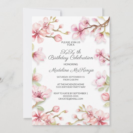 ピンクの春ガーデンフローラ任意の年齢の誕生日パーティー 招待状 (正面)