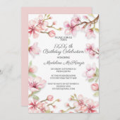 ピンクの春ガーデンフローラ任意の年齢の誕生日パーティー 招待状 (正面/裏面)