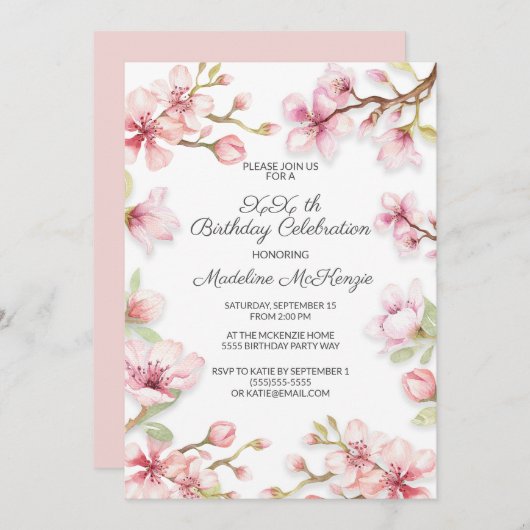 ピンクの春ガーデンフローラ任意の年齢の誕生日パーティー 招待状 (正面/裏面)