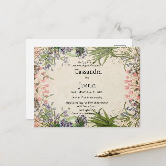 ピンクの春フローラ結婚式の招待 ポストカード (正面/裏面インサイチュ)