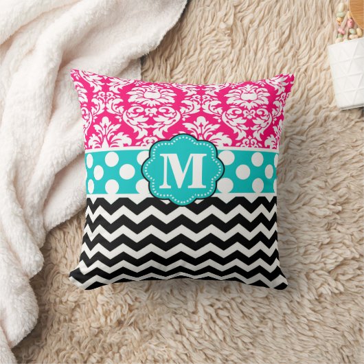 ピンクの暗藍色のダマスク織のシェブロンのモノグラムの枕 クッション (ブランケット)