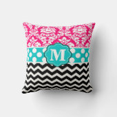 ピンクの暗藍色のダマスク織のシェブロンのモノグラムの枕 クッション (裏面)