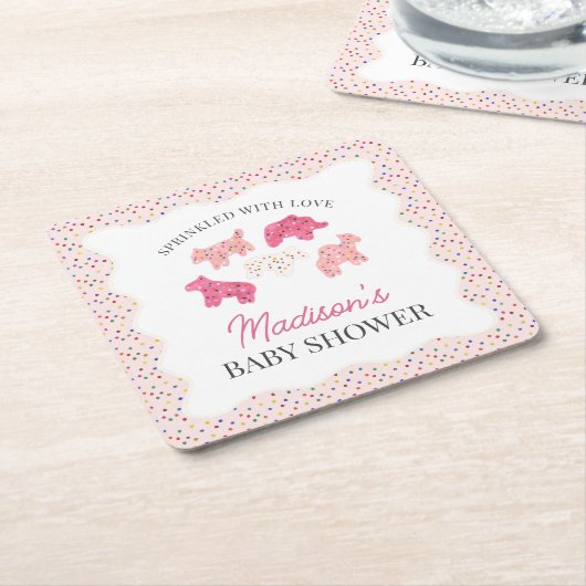 ピンクの曇り動物のクッキー赤ちゃんシャワー スクエアペーパーコースター (アングル)