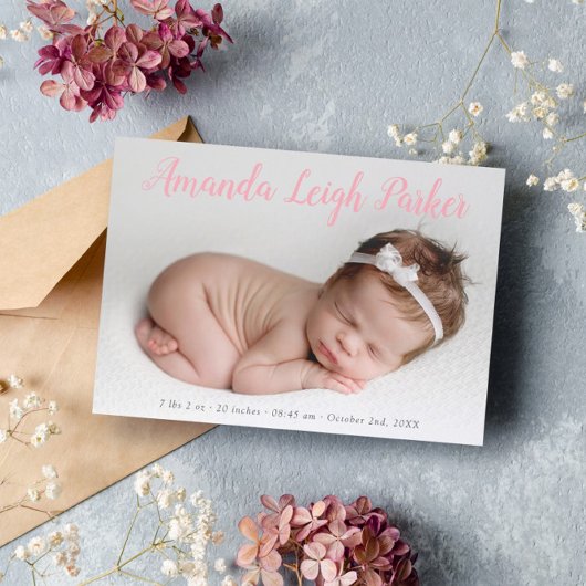 ピンクの書道の名前ベビーのお知らせ 案内状