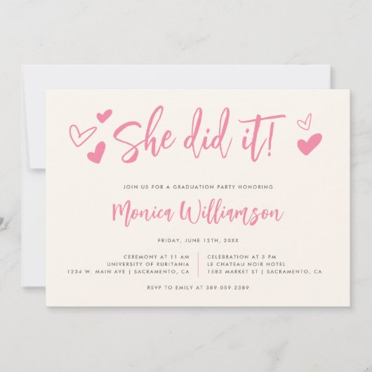 ピンクの書道彼女はそれを写真卒業パーティーをした 招待状 (正面)