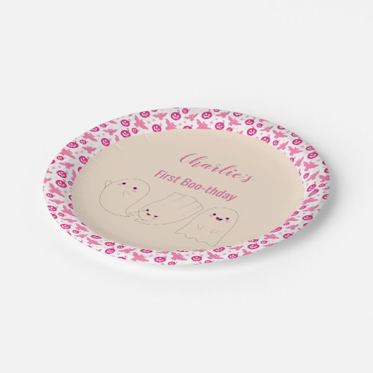 ピンクの最初のブトデイハロウィーン幽霊の最初の誕生日 ペーパープレート (アングル)