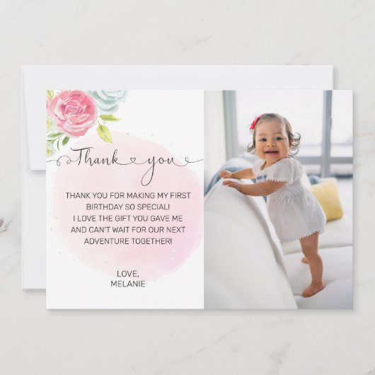 ピンクの最初の誕生日の写真サンキューカード サンキューカード (正面)