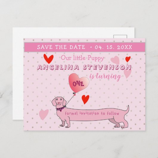 ピンクの最初の誕生日の女の子の日付を保存 案内ポストカード (正面/裏面)