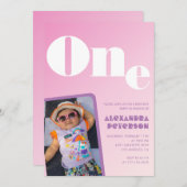 ピンクの最初の誕生日招待状のレトロ写真 招待状 (正面/裏面)