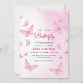 ピンクの最初の1番目の誕生日蝶パーティー 招待状 (正面)