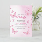 ピンクの最初の1番目の誕生日蝶パーティー 招待状 (スタンド正面)