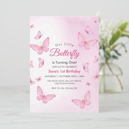 ピンクの最初の1番目の誕生日蝶パーティー 招待状