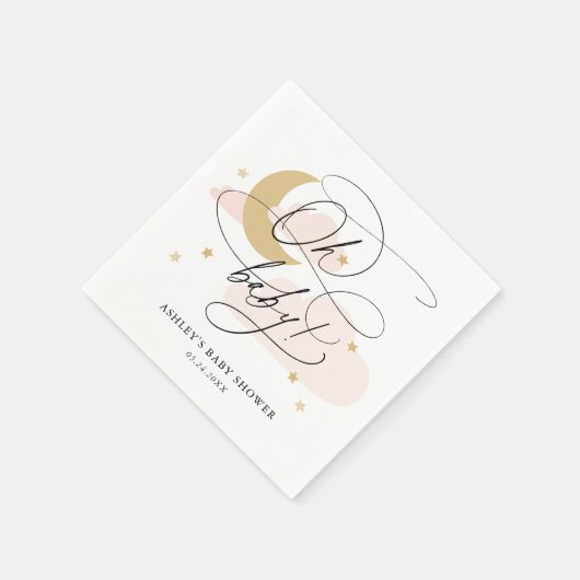 ピンクの月と星のスクリプトOh赤ちゃんシャワーナプキン スタンダードカクテルナプキン (角)