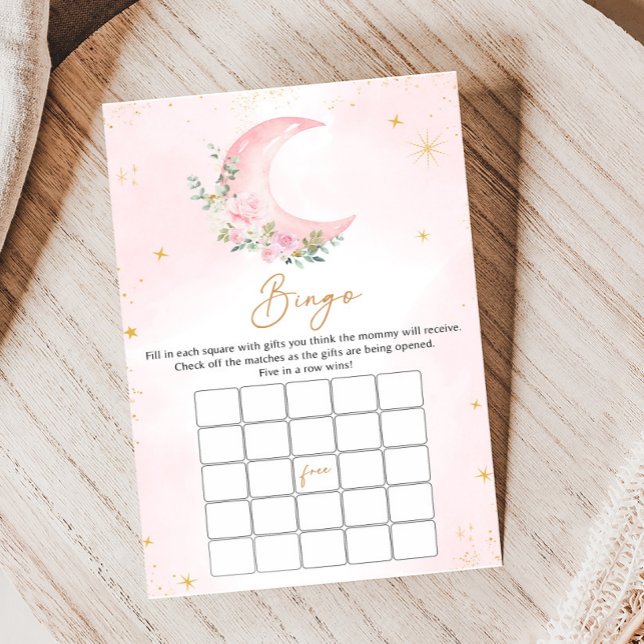 ピンクの月と星のベビーシャワービンゴゲーム (Floral Monn and Stars Baby Shower Game)