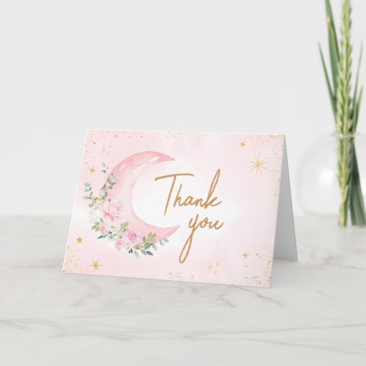 ピンクの月と星のベビーシャワー サンキューカード (正面)