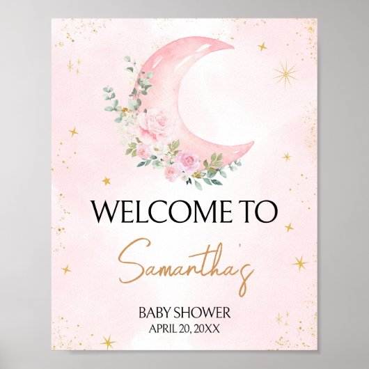 ピンクの月と星の赤ちゃんシャワーへようこそ ポスター (正面)