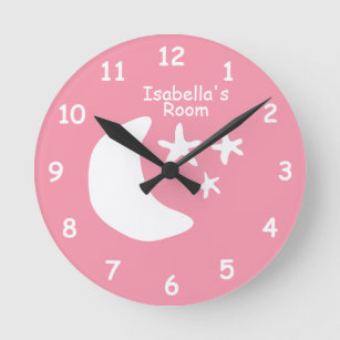 ピンクの月と星キッズベッドルーム子供部屋カスタム ラウンド壁時計