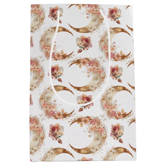 ピンクの月と花 ミディアムペーパーバッグ (正面)