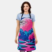 ピンクの月に照らされた森のアート エプロン (着用した状態)