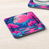 ピンクの月に照らされた森のアート コースター (左側)