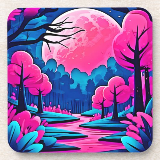 ピンクの月に照らされた森のアート コースター (正面)
