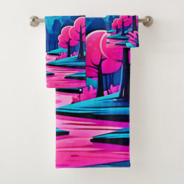 ピンクの月に照らされた森のアート バスタオルセット