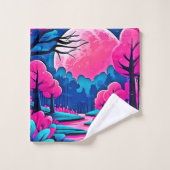 ピンクの月に照らされた森のアート バスタオルセット (ウォッシュタオル)