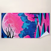 ピンクの月に照らされた森のアート ビーチタオル (正面)