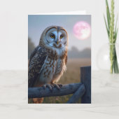ピンクの月のあるフェンスの上のフクロウ カード (正面)