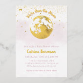 ピンクの月の上に金ゴールド天女の子の赤ちゃんシャワー 箔招待状 (正面)