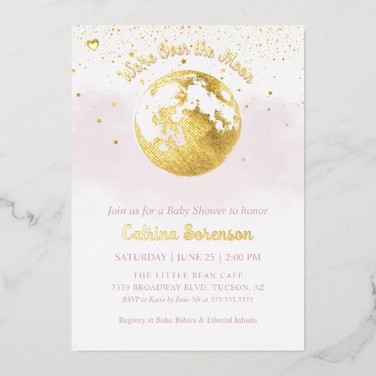 ピンクの月の上に金ゴールド天女の子の赤ちゃんシャワー 箔招待状 (正面)