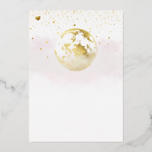 ピンクの月の上に金ゴールド天女の子の赤ちゃんシャワー 箔招待状 (裏面)