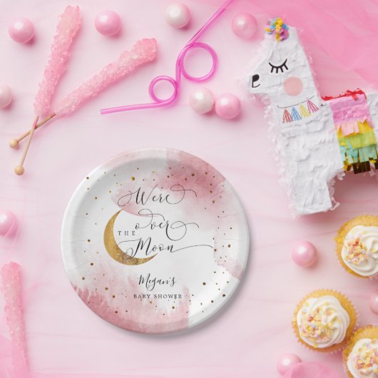 ピンクの月の上に金ゴールド星ベビーシャワー ペーパープレート (パーティー)