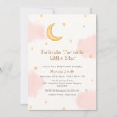 ピンクの月の星きらびやかな女の子の赤ちゃんシャワー 招待状 (正面)