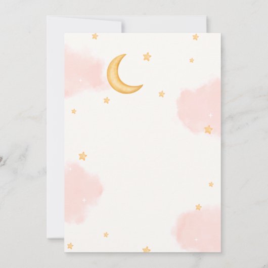 ピンクの月の星きらびやかな女の子の赤ちゃんシャワー 招待状 (裏面)