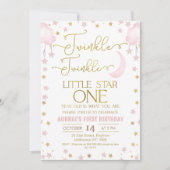 ピンクの月の星きらびやかな小さな星1番目の誕生日 招待状 (正面)