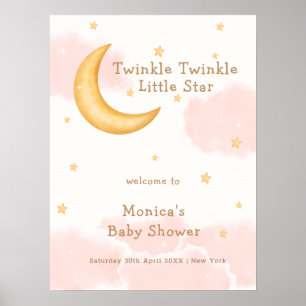 ピンクの月の星輝く女の子ベビーシャワーへようこそ ポスター